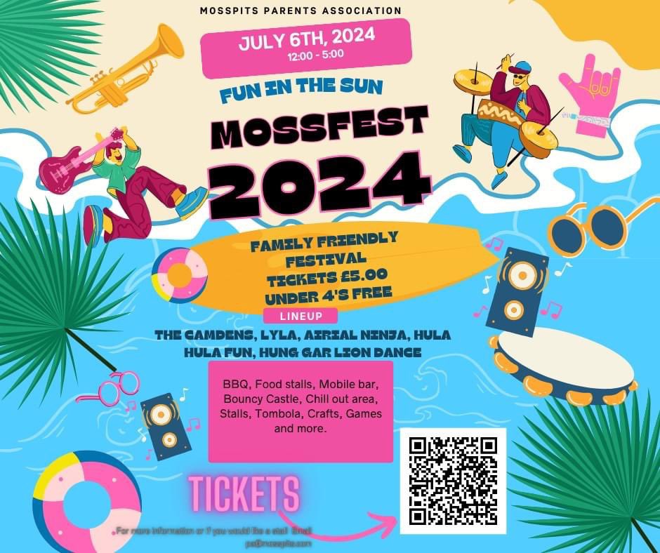 Tickets are now live for our brand new summer event. 'MOSSFEST 24' Family friendly festival live music and entertainment, workshops, food and drink and much much more. Join us for day day of fun to raise vital funds for our school Use the QR code to get your tickets NOW!