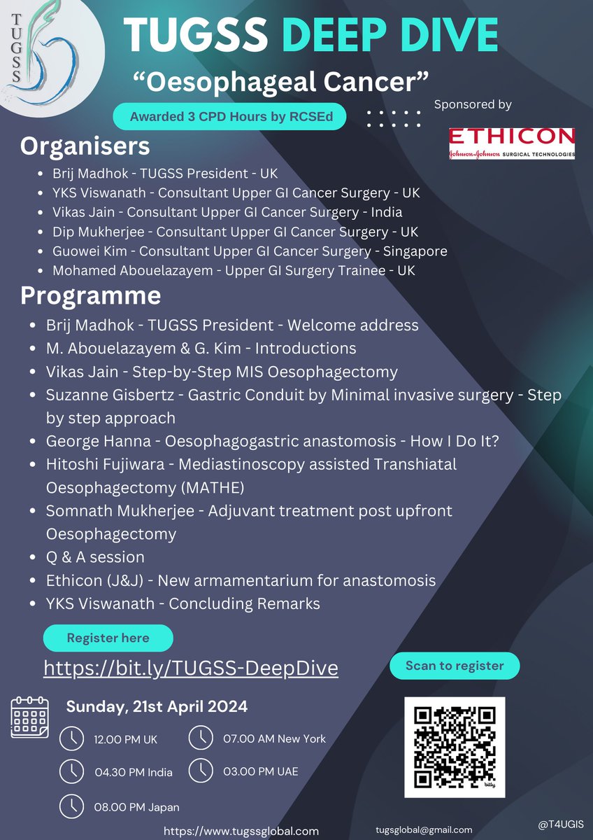 TUGSS Deep Dive session on Oesophageal Cancer is happening Tomorrow. Proud to have faculty and panel members from UK, Netherlands, Egypt, India, Singapore, China, Saudi Arabia, and Japan. 📢Register for free here: bit.ly/TUGSS-DeepDive ⏲️ 12 p.m. London