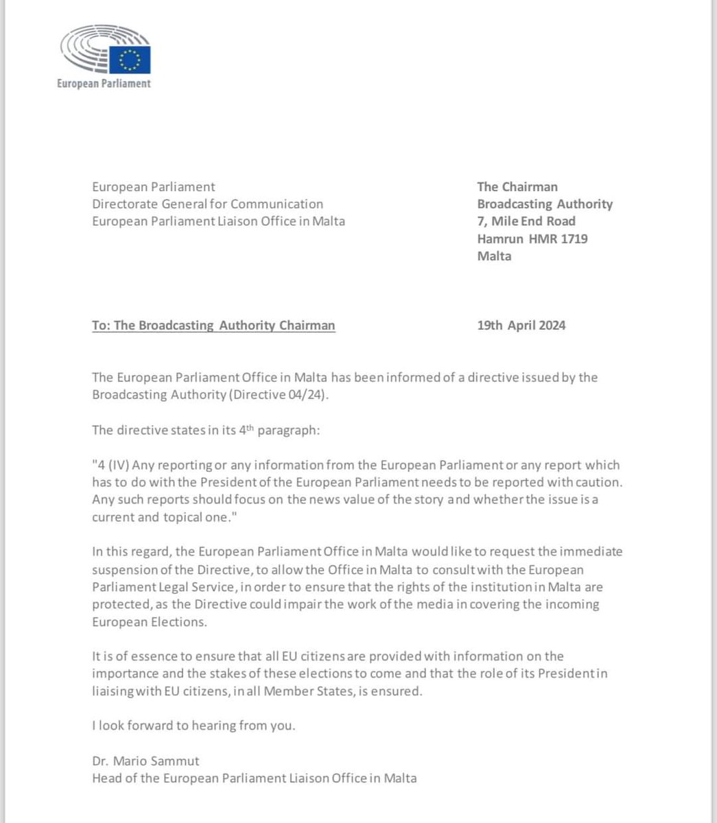 Copy of the letter the European Parliament Liaison Office in #Malta sent the Broadcasting Authority, after the latter issued directives for EP news 'to be reported with caution'. The European Parliament may be many things, but it's not the Kremlin. Cut the directive now.