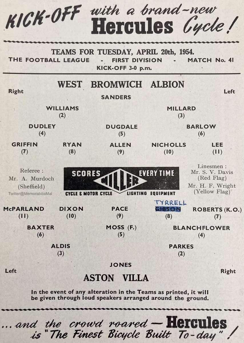 70yrs ago today… Aston Villa 6 WBA 1 Div1 OTD 20/4/54 Att.57,899 The reverse fixture the previous day ended 1-1 but Villa ran away with this one leading 5-1 at HT, goals from Pace (2), Tyrell (2) & Dixon, Griffin replying for Albion. Blanchflower got Villa’s sixth. #AVFC #WBA