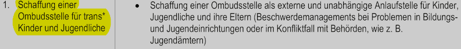 Sie empfehlen eine „Ombudsstelle für trans* Kinder und Jugendliche“ bzw. deren Eltern zu schaffen. Spielen Erzieher, Lehrer oder Jugendämter nicht mit, wie Transaktivisten sich das erhoffen, kann man sich an diese Stelle wenden.