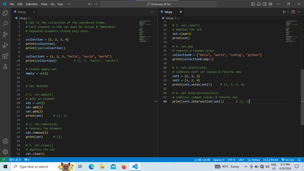 Joy__Khatri's tweet image. 💡 On Day 9, I embraced the power of Python sets! 🔍 Mastering union, intersection, and more - shaping data with precision and efficiency! 🔄
#PythonAdventure
#SetWisdom
#pythonprogramming 
#Python 
#coding 
#codinglife 
#CodingJourney