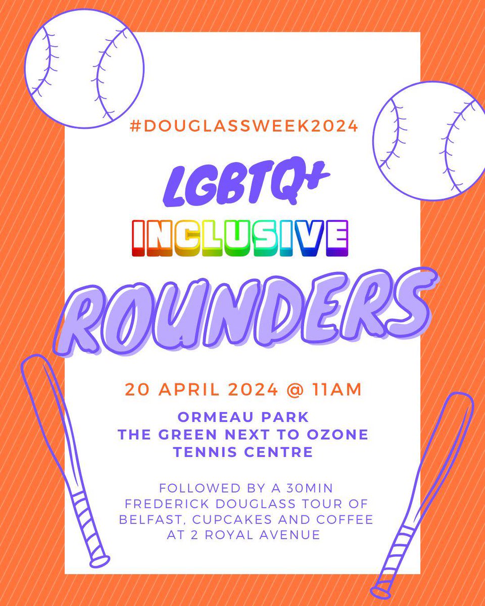 😍 AT 11AM TODAY: Join us for a friendly, LGBTQIA+ inclusive rounders match with @SportingPrideIE ➡ Meeting point: Ormeau Park (on the green next to the Ozone Indoor Tennis Centre) 🏳️‍🌈 This is the groups 2nd training session, so beginners are very welcome! #DouglassWeek