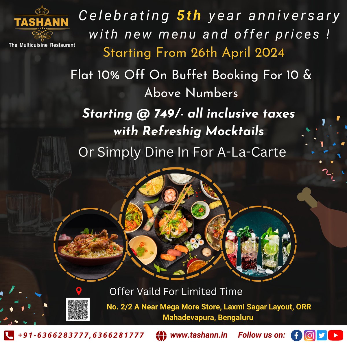 tashann_res's tweet photo. 🎉✨ Exciting Announcement: Special Anniversary Menu Launching April 26th! 🎉✨
𝐁𝐨𝐨𝐤 𝐘𝐨𝐮𝐫 𝐓𝐚𝐛𝐥𝐞 𝐍𝐨𝐰: 📞 +91-6366283777,6366281777
#TashannAnniversaryMenu #5YearsOfFlavor #CulinaryCelebration #SavorTheMoment #SpecialAnnouncement 🌟 https://t.co/JoZwCBCfOj