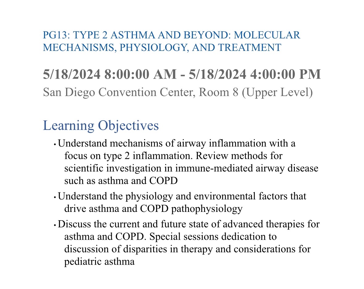 ✅ @ATS_AII PG course at #ATS2024 🗓️Saturday May 18th 📍San Diego Convention Center Rm 8 #asthma #COPD #inflammation