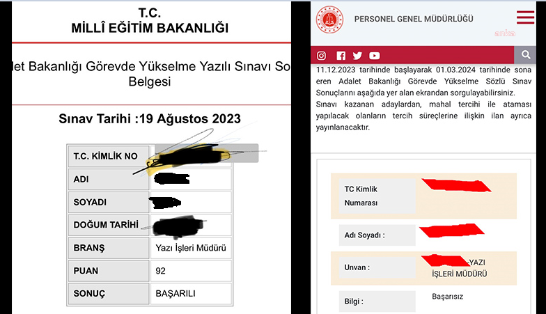 Yazık değil mi bunca emeğe? Adalet Bakanlığı Personeli Görevde Yükselme ve Unvan Değişikliği Sınavı'nda yaşanan 'mülakat skandalının' belgeleri de ortaya çıktı. Paylaşılan belgelerde, idari işler müdürlüğü kadrosunda yazılı sınavdan 92 puan alan kişilerin dahi girdikleri