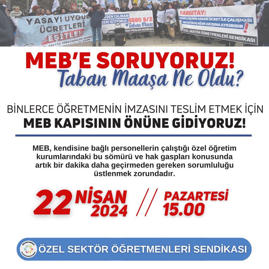'2014'te elimizden alınan Anayasal hakkımızda ısrarcıyız' diyen @ogretmensendika, taban maaş ve diğer talepleri için topladığı imzaları 22 Nisan'da MEB'e teslim etmek için Ankara'da buluşuyor.