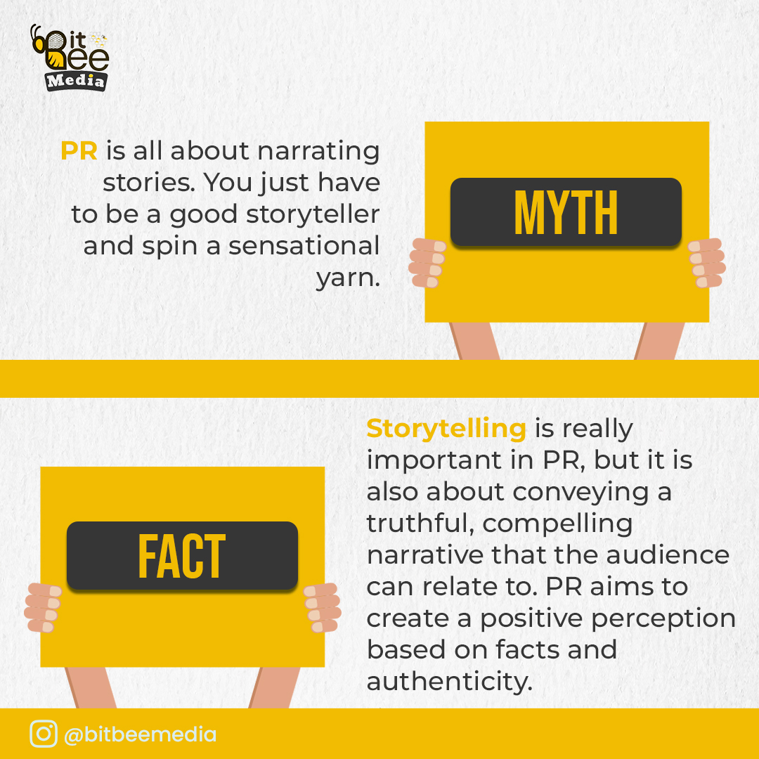 bitbeemedia's tweet image. Don&apos;t be fooled by the myth! Great PR is about building trust and relationships with your audience. Storytelling is an important part of PR, but it should be truthful and compelling. Your audience should be able to relate to your brand&apos;s narrative.
#mythvsfact #PR #bitbeemedia