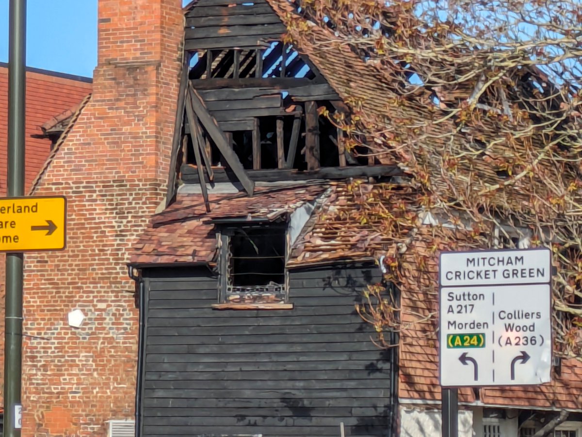 The Burn Bullock pub, corner of Cricket Green and London Road, Mitcham. Photos taken the morning of Saturday 20th April 2024, after the fire the previous evening.