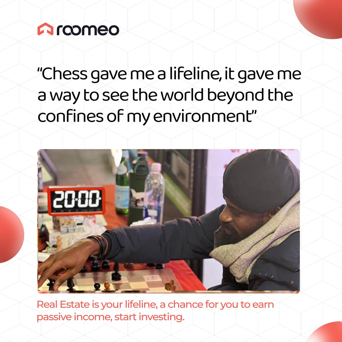 myroomeo_'s tweet photo. Hi friends! 

Let’s take inspiration from @Tunde_OD a chess icon, raising a million dollars to uplift children in slums while chasing the Guinness World Record for the longest chess marathon. 

— Let's make smart financial decisions with Roomeo riding on tunde’s victory wave🌊 https://t.co/wdZlfed1GM