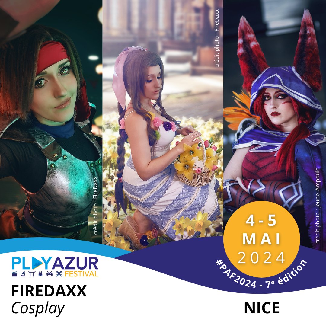 PlayAzur's tweet image. [🎩#Cosplay👘] @FireDaxxCosplay au #PAF2024

Elle débute en 2018, avec des costumes majoritairement fait main ! 

Ses 2 licences préférées : Final Fantasy et LoL !

⇒ Sur le stand de notre partenaire cosplay Cosplaysmart

🎟️playazur.fr/billetterie/ 

📷 FireDaxx &amp;amp; Jeune_Ampoule