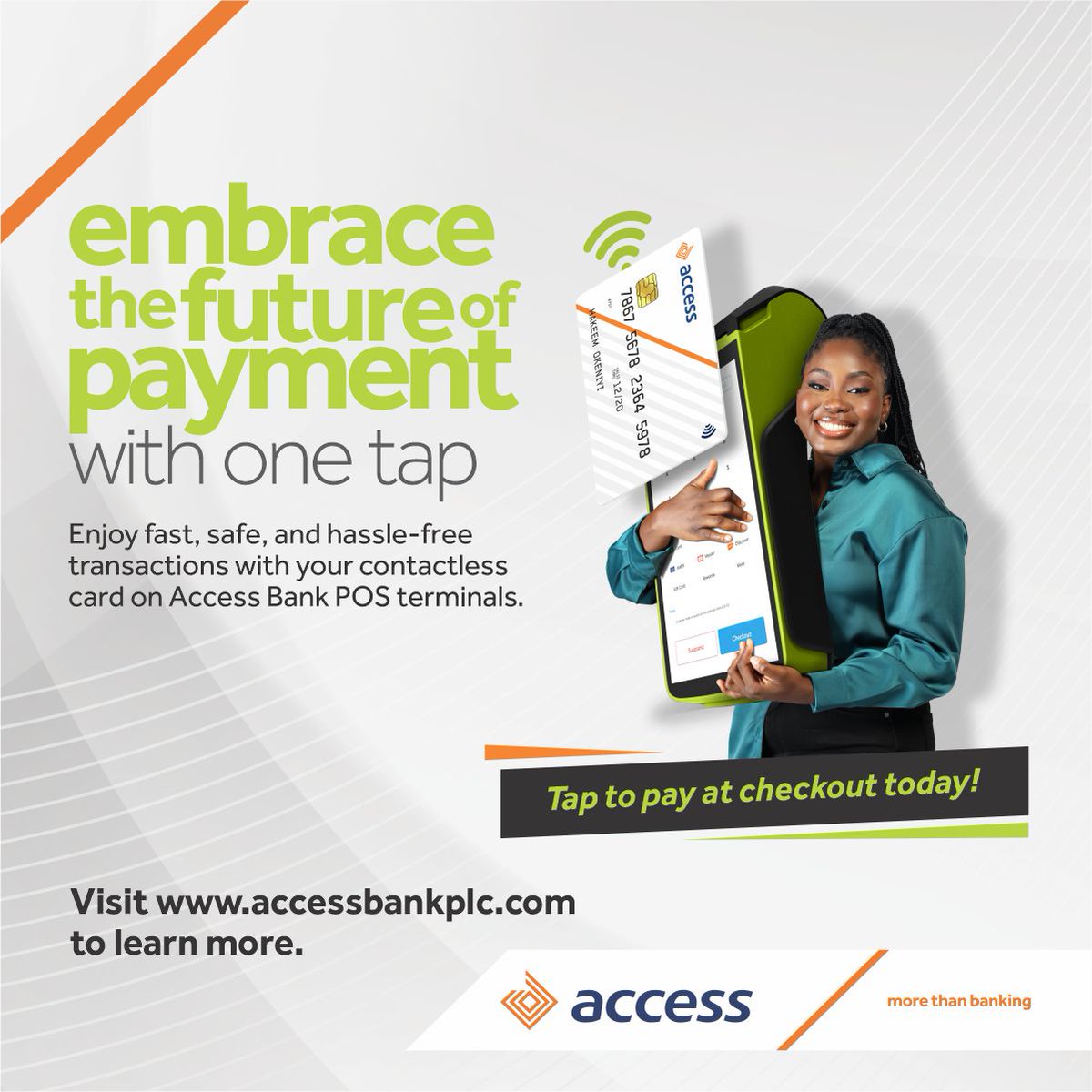 Make payments quickly and easily with our contactless card 💳 Checkout with an Access Bank POS terminal today and experience the convenience! #AccessBank #Contactlesspayment #MoreThanBanking