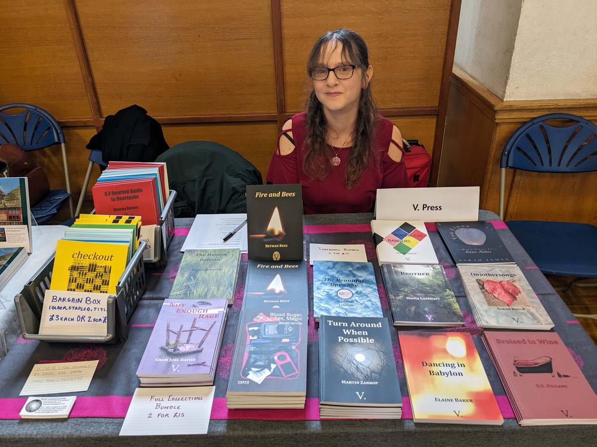 Just set up the @vpresspoetry stand at the @PoetrySociety's Free Verse Poetry Book & Magazine Fair in London! So excited to launch @Bethandoeswords' debut chapbook here!!! And show off as many other V. Press beauties as I could carry. Today's bargains start at £3!