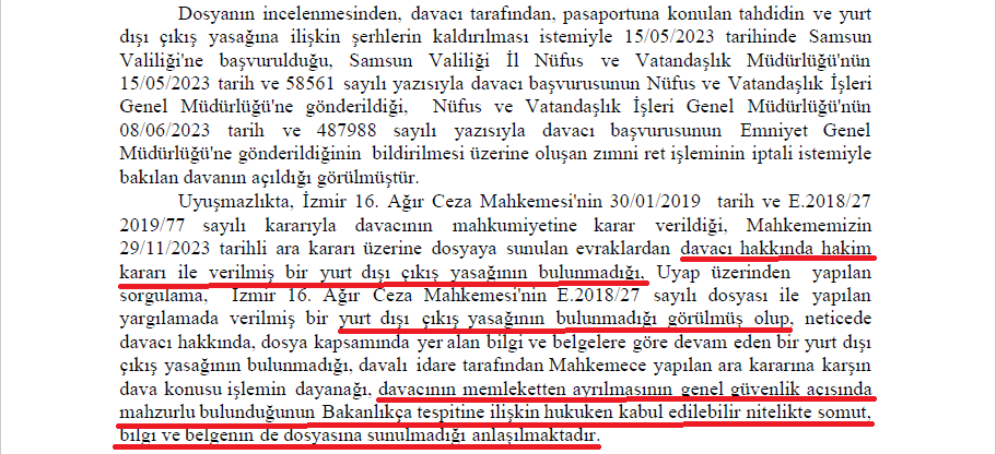 LegalCounsel_TR's tweet photo. 📢 ANKARA İDARE MAHKEMESİ, DENETİMLİ SERBESTLİK TEDBİRLERİ ALTINDA TAHLİYE OLAN DAVACININ PASAPORT TAHDİDİNİN KALDIRILMASINA KARAR VERDİ ‼️

📌Denetimli serbestlik tedbirleri altında tahliye olan davacı hakkında tesis edilen pasaport almasına engel olan idari tahditlerin ve yurt dışı çıkış yasağına ilişkin şerhlerin kaldırılması istemiyle Nüfus ve Vatandaşlık İşleri Genel Müdürlüğü’ne yapılan başvuru, zımnen reddedildi.

📌Her ne kadar davacı, denetimli serbestlik tedbirleri altında tahliye olsa da Ankara 10. İdare Mahkemesi, davacı hakkında yürütülen ceza yargılamasında verilmiş bir yurt dışı çıkış yasağının bulunmadığını ve davacının memleketten ayrılmasının genel güvenlik açısından mahzurlu bulunduğunun Bakanlıkça tespitine ilişkin hukuken kabul edilebilir nitelikte somut, bilgi ve belgenin dosyaya sunulmadığını belirterek hukuka aykırı işlemi iptal etmiştir.

@sseymoscum