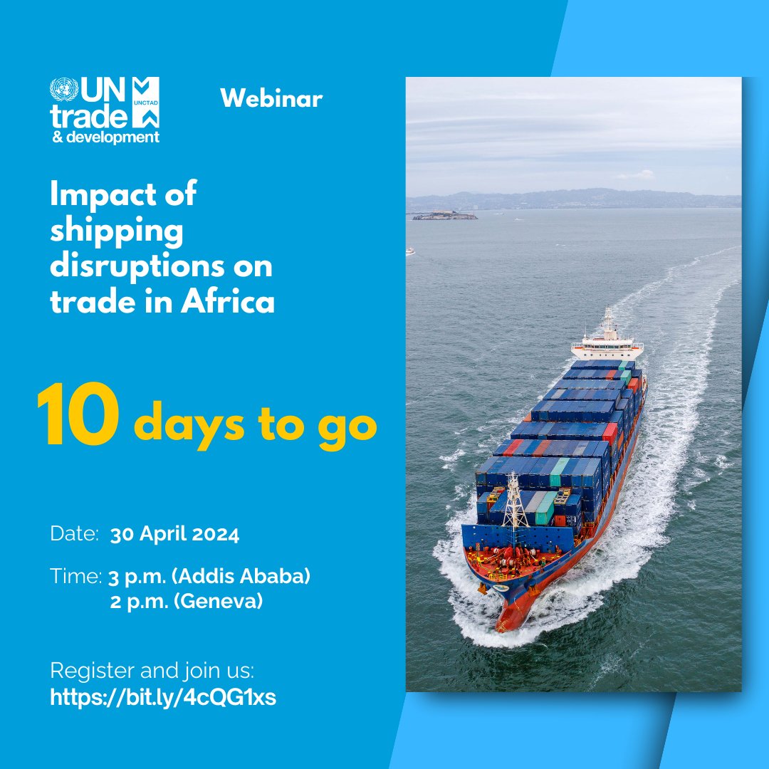 UNCTADinAfrica's tweet photo. 📅 Just 10 days to go.

Don't miss the chance to gain valuable insights on the impact of shipping disruptions on trade in Africa.

Join us on 30 April &amp; be part of the discussion on possible solutions with @UNCTAD experts &amp; stakeholders.

Register now: ➡️ https://t.co/Ag3Cy8JiNO https://t.co/yEHDrobYic