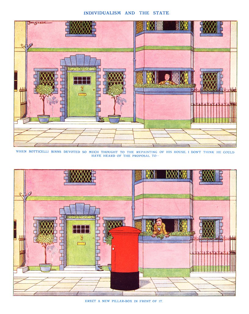 #PostboxSaturday Any colour as long as it's red! Individualism vs the State... PUNCH cartoon by Fougasse (Kenneth Bird) 1924 #PostOffice #RoyalMail #homes #houses