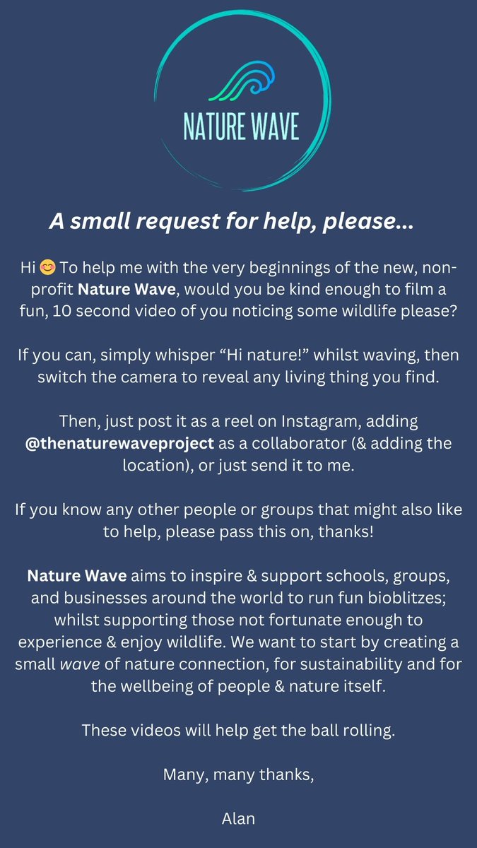 Have you got 2 minutes to help a new, nature connection non-profit? All it takes is a fun, 10 second video of you finding some wildlife. Please read on....  Thank you! 🙏
