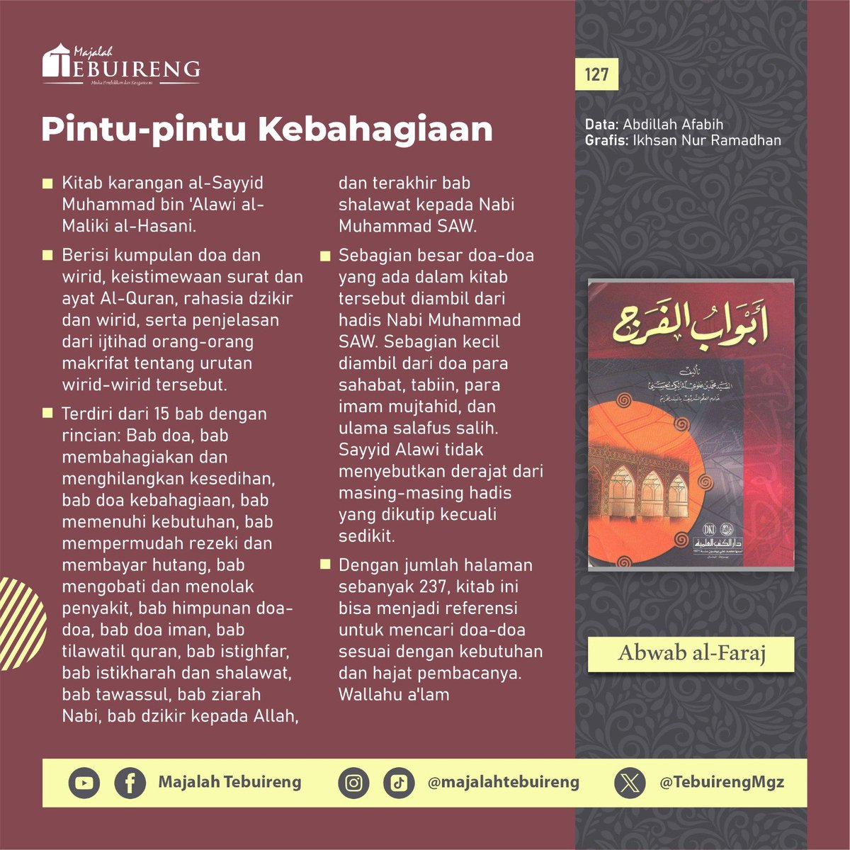 TebuirengMgz's tweet photo. Ada banyak jalan menuju kebahagiaan, salah satunya dengan memanjatkan doa kepada Sang Penguasa alam semesta. Kitab ini berisi macam-macam doa yang ditulis oleh para ulama dan diambil dari hadis serta asar sahabat yang bisa dijadikan referensi doa.
#ulasankitab #majalahtebuireng https://t.co/u30jLcEnpS
