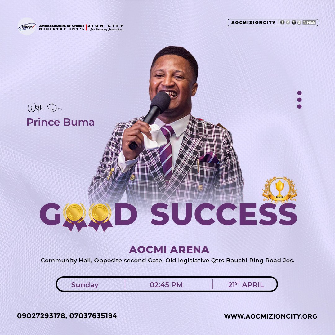 aocmizioncity's tweet photo. IT'S GOOD SUCCESS SZN!

 Join us this Sunday, 2:45PM at the Aocmi Arena.

Tell someone to tell someone 

#GoodSuccess2024
#TheNextBigThing
#Ppteaching
#2024Flourishing
#AOCMIglobal
#ZionCityNation
#TheSuperMegaChurch
#TheSupernaturalAdvantage
#TheHeavenlyJerusalem https://t.co/ATNtBp9DBN