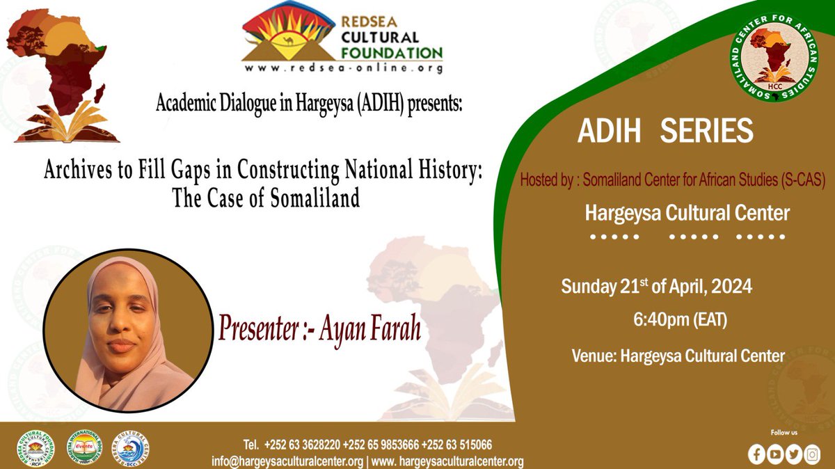 Come join us tomorrow at 6:40pm for another informative ADIH session whereby Ayan Farah,researcher from Leiden University, will present her ongoing research on the newspaper Archive at HCC enticing them to their role in constructing the National History of Somaliland #Archive