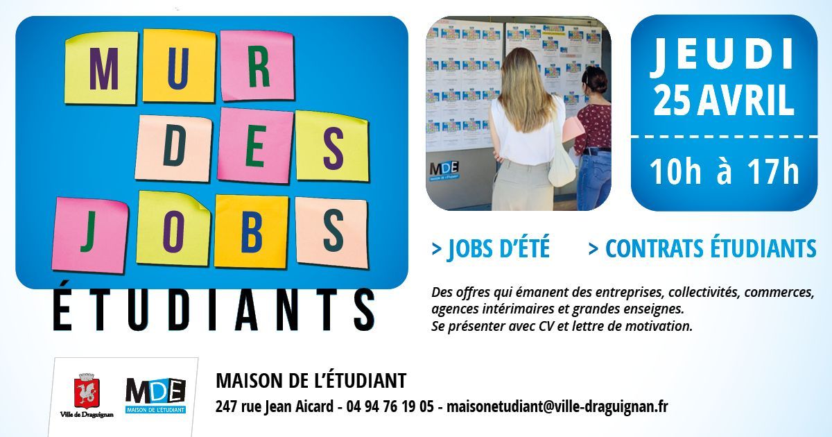 💼 Mur des jobs étudiants
Munis de votre CV et d’une lettre de motivation, consultez les emplois disponibles en Dracénie
10h-17h – Maison de l’étudiant
+ d’infos : 04 94 76 19 05 – maisonetudiant@ville-draguignan.fr