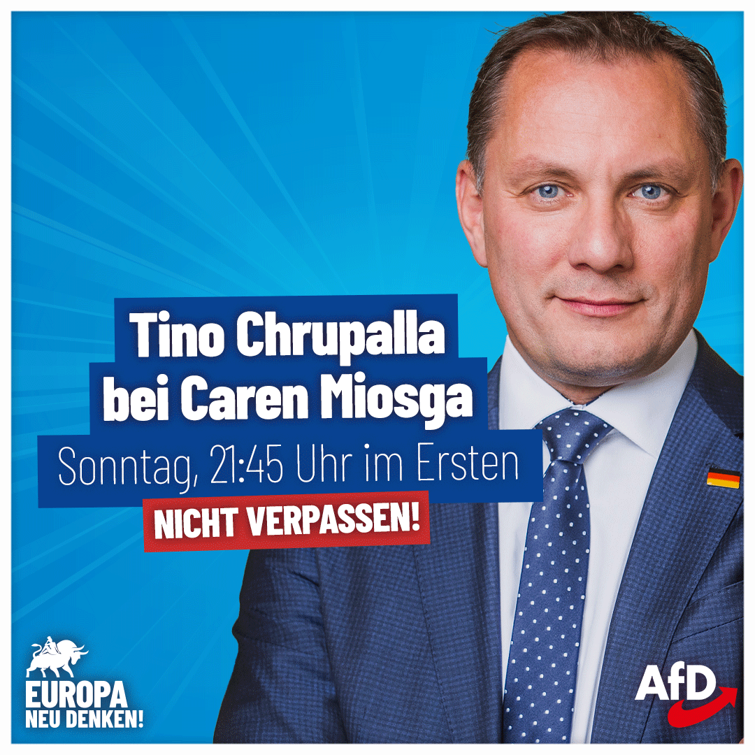 Nicht verpassen: Am kommenden Sonntag ist Bundessprecher Tino Chrupalla bei Caren Miosga zu Gast! Die Sendung beginnt um 21:45 Uhr im Ersten. #DeshalbAfD #AfD #Deutschland