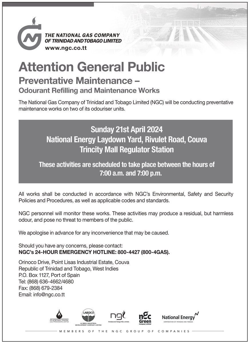 Attention General Public: Preventative Maintenance - Odourant Refilling and Maintenance Works #NGC #AtTheForefrontOfEnergy