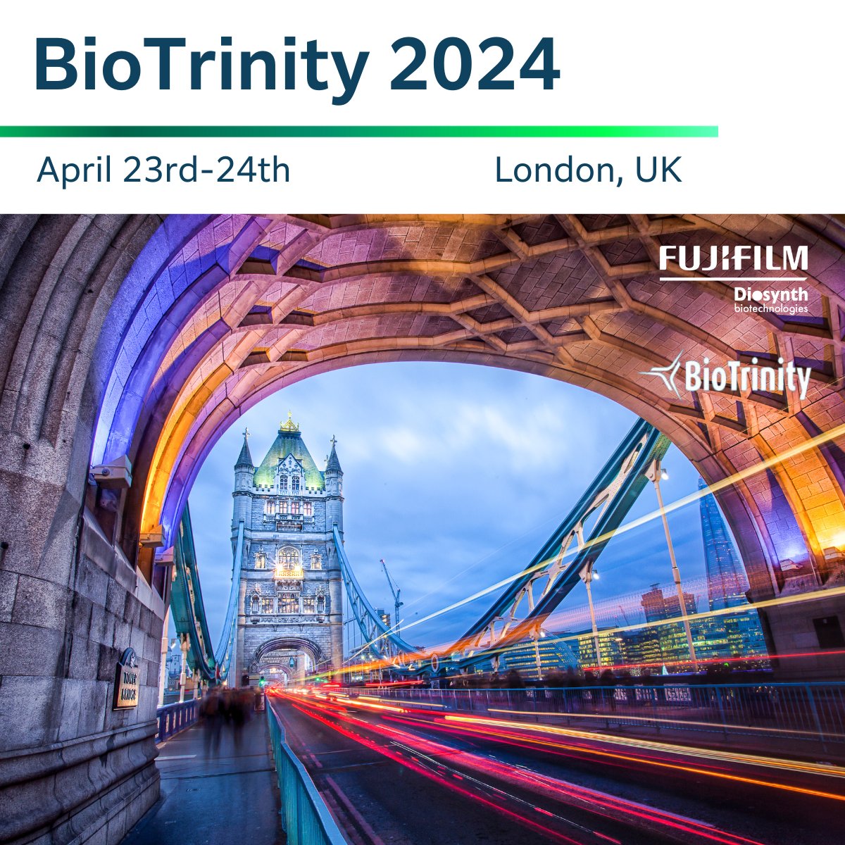 We are thrilled to announce our participation at BioTrinity on April 23-24, 2024, in London at Convene, 133 Houndsditch. Stop by our booth to discover how FUJIFILM Diosynth Biotechnologies can help you advance and deliver tomorrow's medicines. #BioTrinity #Biotech
