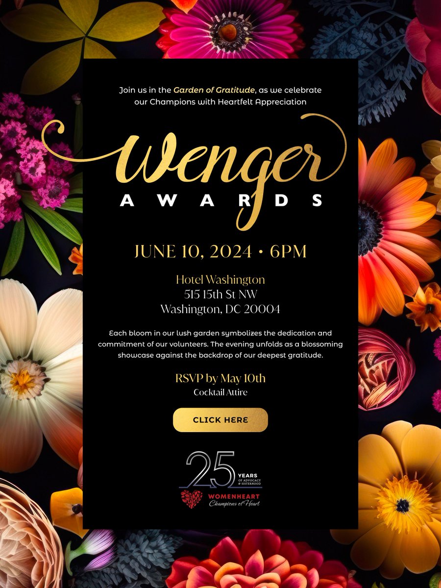 Save the Date! Join us for the Annual Wenger Awards on 6/10 in DC.  Nominations are closed, but ticket sales are OPEN: act.womenheart.org/a/wenger-awards! Don't miss this empowering event celebrating 25 years of women's heart health. #WengerAwards #WomenHeart