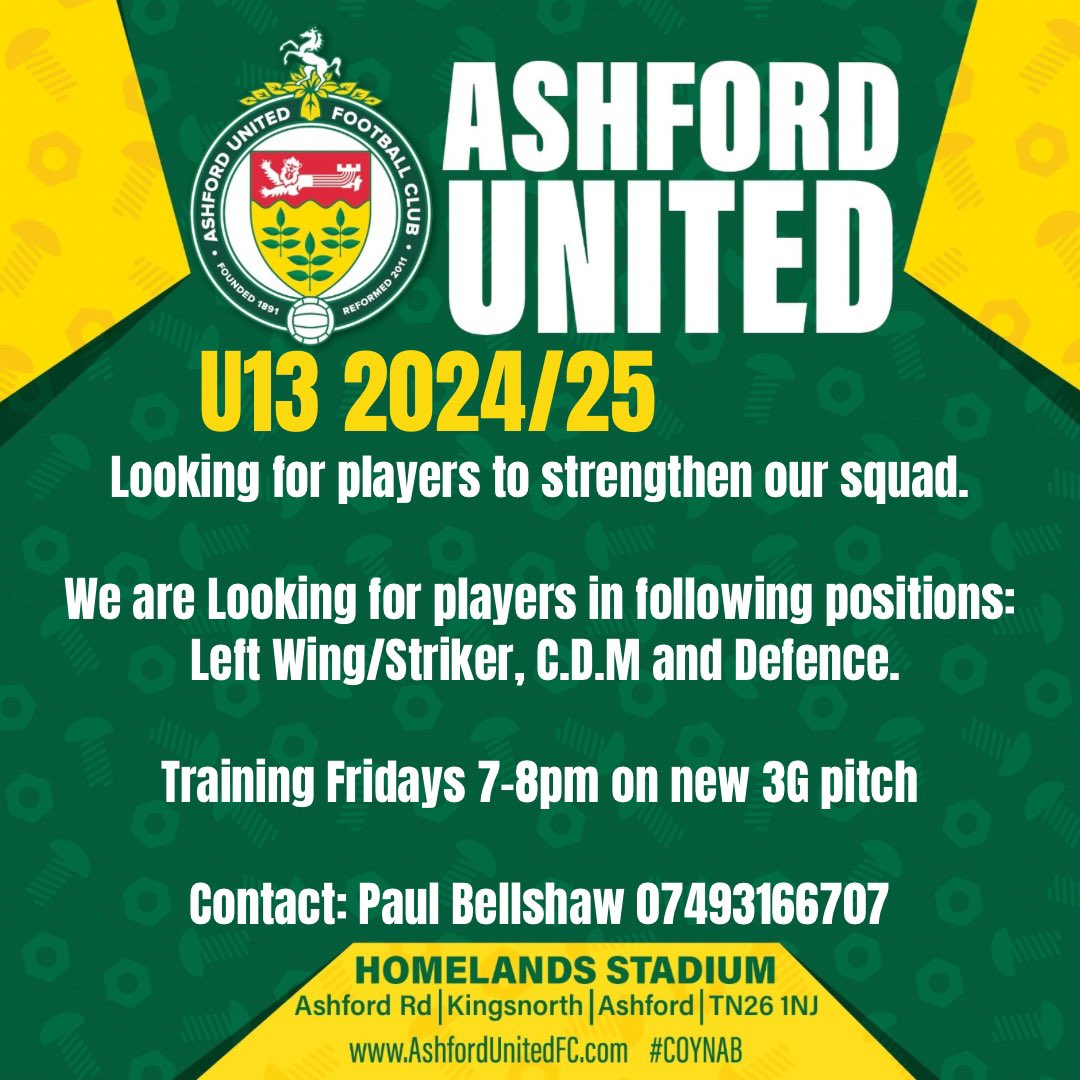 U13 2024/25 Trials 💚🤍 Ashford United’s u12’s are looking to strengthen as they move up to U13’s for the 2024/25 season! Training is held on Friday evenings - 7pm to 8pm at Homelands stadium. #AUFC #coynab #youthfootball