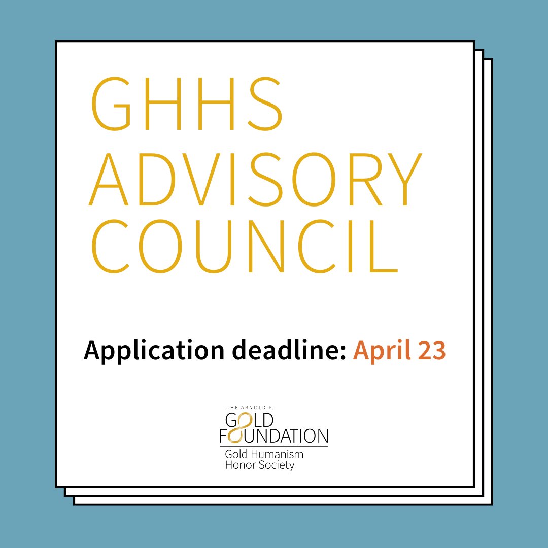 The deadline to apply for the GHHS Advisory Council is this TUESDAY! We are seeking Trainees (Students, Residents, Fellows), Chapter Advisors, and Tow Awardees who have an interest in the flourishing of humanism in healthcare. Apply today: gold-foundation.org/programs/ghhs/…