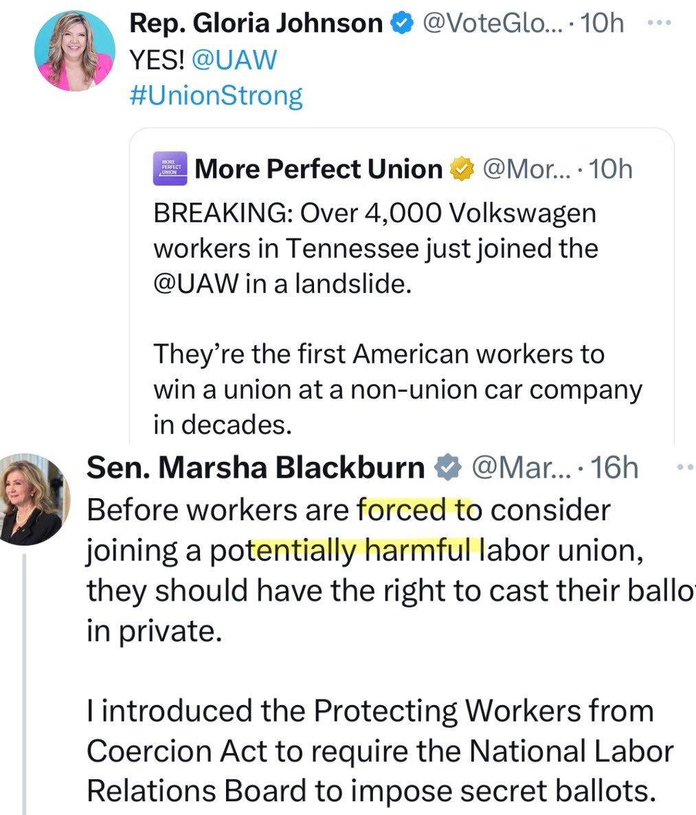 How the 2 leading Tennessee candidates for U.S. senate feel about unions — between @MarshaBlackburn & @VoteGloriaJ, see if you can tell who is more pro-worker.