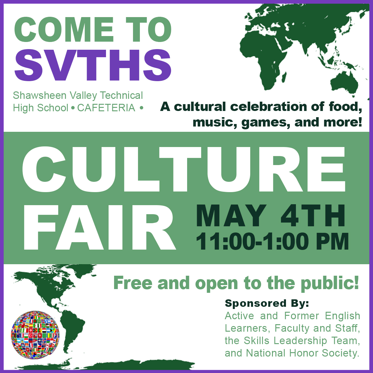 📅 Mark your calendars! 🎉 Shawsheen's first annual Culture Fair is happening on Saturday, May 4th, from 11:00am to 1:00pm in the cafeteria. This student-led event is free and open to everyone. Come one, come all! Let's embrace diversity together. #WeAreShawsheen