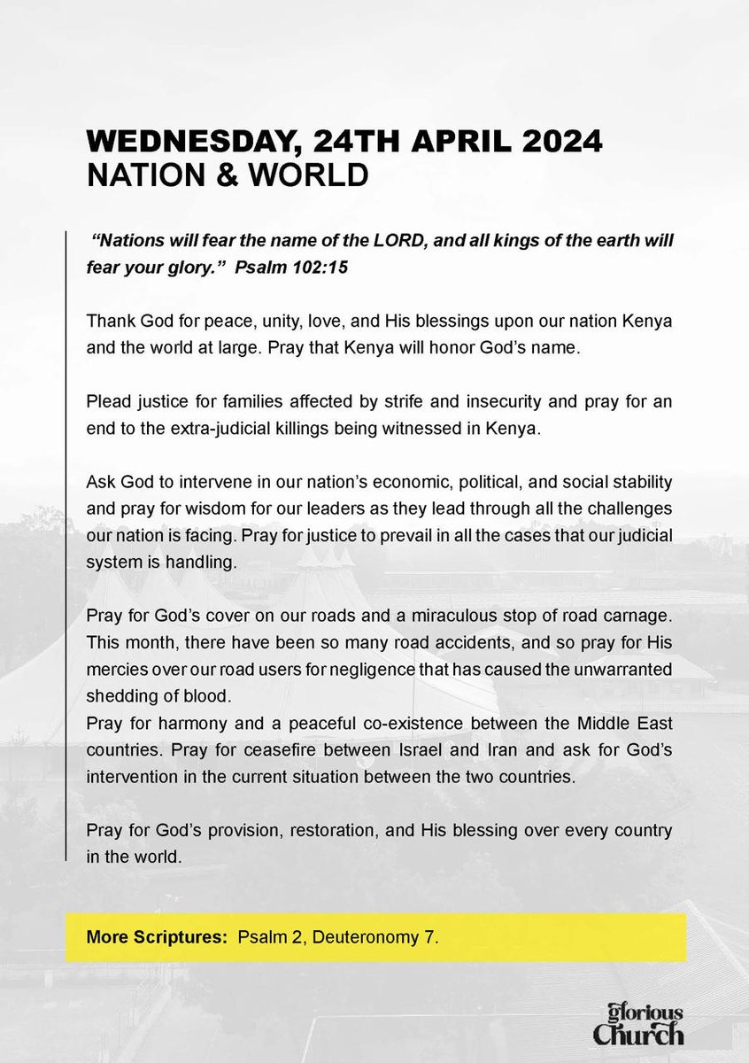 NairobiChapel's tweet photo. Prayer & Fasting Wk
Day 3
NATION & THE WORLD
Bible Ref: Ps 102:15
Thank God for peace, unity, love, and His blessings upon our nation Kenya and the world at large.
Pray that Kenya will honor God’s name.
#iPRAY #ItsTime #Touch #CompassMeetsClock https://t.co/AgJZslOk5S