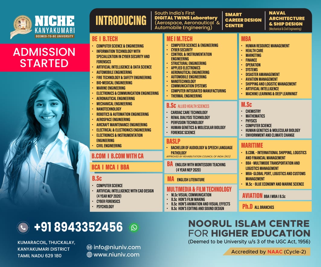 'Exciting news! 🎓 Admission for the academic year 2024-2025 at NICHE University, Kanyakumari is now open! Secure your spot today and embark on a journey of knowledge and growth. 🌟 #NICHEUniversity #AdmissionsOpen #EnrollNow 📚✨'