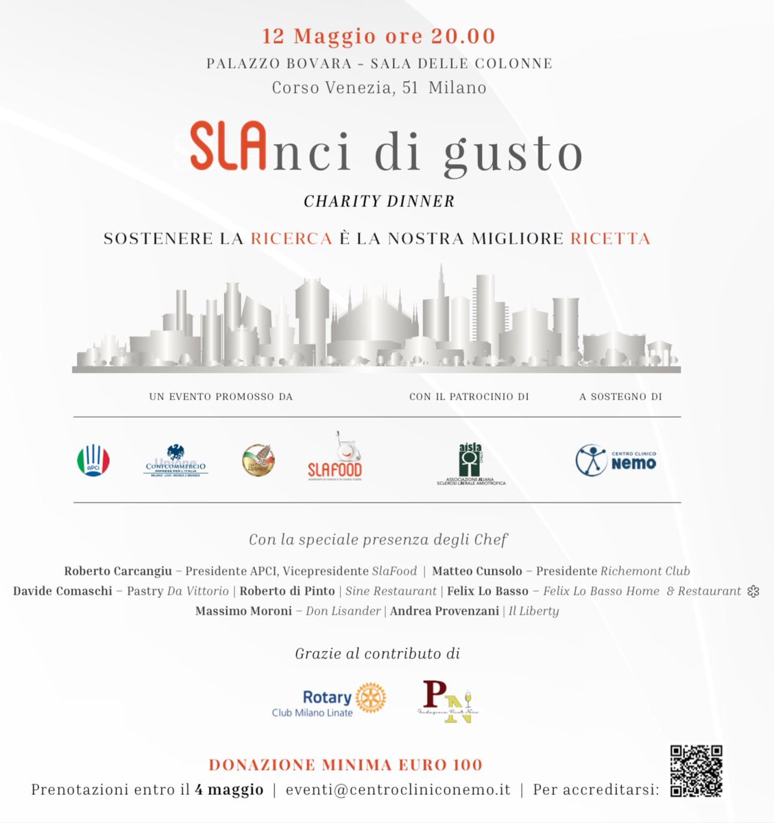 Salve the Date 12 Maggio Palazzo Bovara Milano, SLAnci di Gusto, un evento unico a sostegno della Ricerca sulla SLA, organizzato dal
presidente di Slafood, Davide Rafanelli, APCI Chef, Confcommercio e la presenza di grandissimi Chef… tutti insieme per dare la differenza🧡 #sla