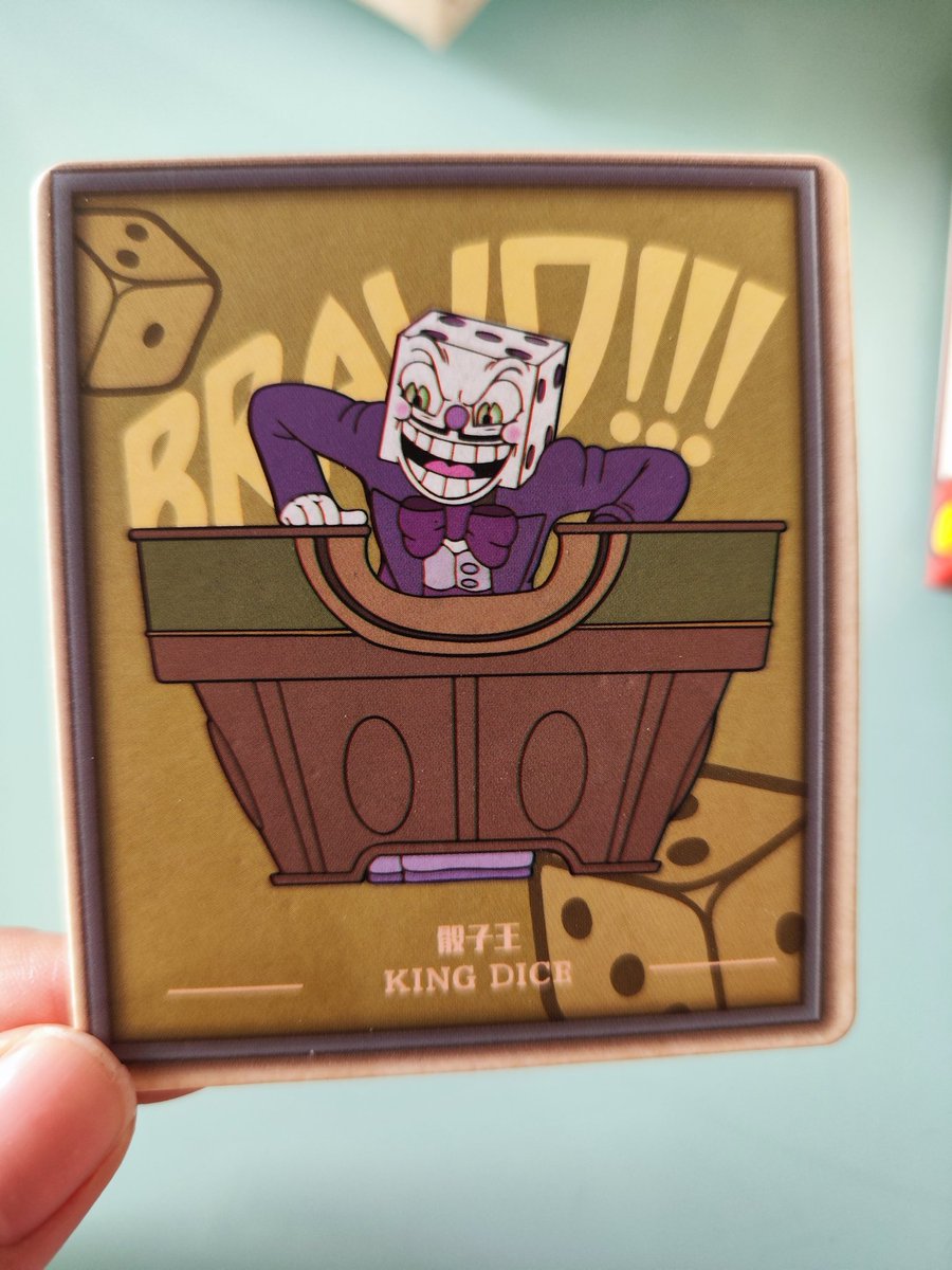 #Cuphead #KingDice
To be honest I'm really bad at taking pictures... hopeing you can see the pictures I took clearly.
Anyway, this is a hidden model🎲blind box from PlzDot Studios! only a 1/96 chance of getting him, here's the picture of the front and his matching little card❤️