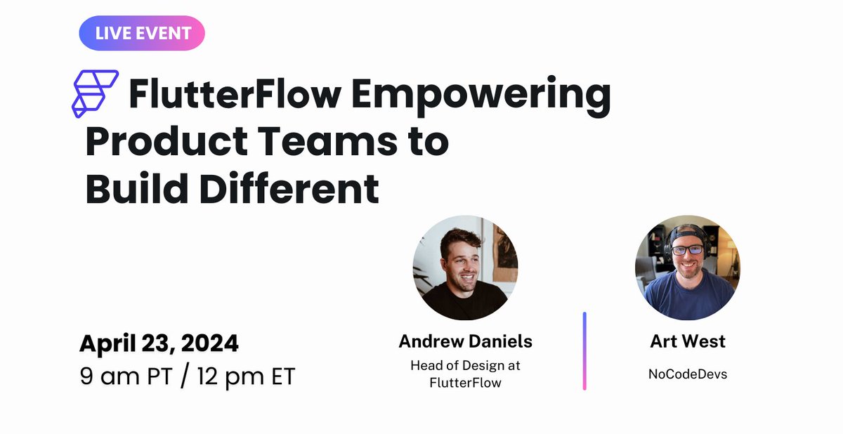 MakerThrive's tweet image. Revolutionize your product team's workflow, vision, and production ✨
Join us for our live stream, FlutterFlow Empowering Product Teams to Build Different w/ @design_nocodeio
We'll discuss the high-level options FF provides and showcase the power of visual development.…