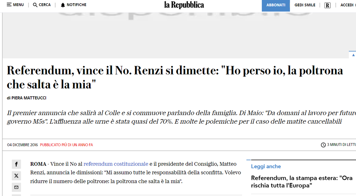 Vince il No al referendum costituzionale e il presidente del Consiglio, Matteo Renzi, annuncia le dimissioni: 'Mi assumo tutte le responsabilità della sconfitta. Volevo ridurre il numero delle poltrone: la poltrona che salta è la mia'.