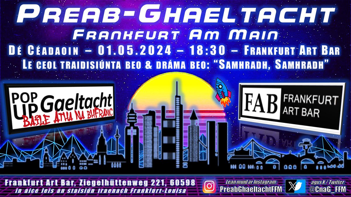 Beidh an chéad Phreab-Ghaeltacht eile sa Frankfurt Art Bar Dé Céadaoin an chéad lá de Bhealtaine! 🔥🔥🔥🔥🔥 Sin Féile na Bealtaine 🔥🔥🔥🔥🔥 Beidh muid ag tosú ag a 18:30 agus beidh píosa dráma againn le linn an tráthnóna: 'Samhradh, Samhradh' @popupgael @IRLinFrankfurt @CnaG