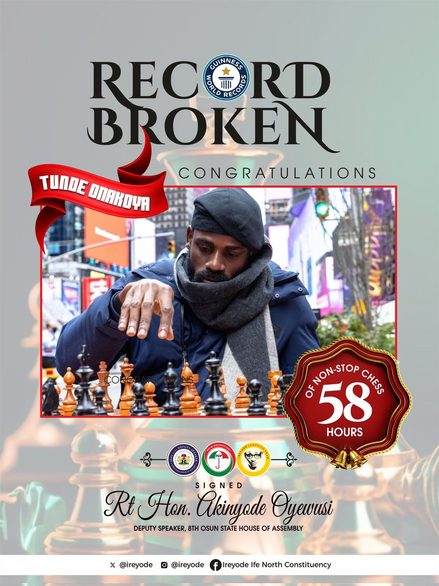 We celebrate you on the attainment of this great feat. Your persistence and perseverance till you broke the new record is contagious.
 
Once again, congratulations Mr. Tunde Onakoya, founder of Chess in Slums Africa on the completion of  58 hours of non-stop Chess.

 *Record