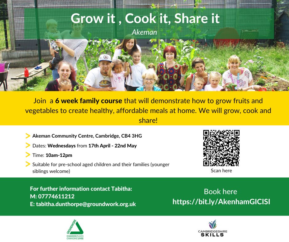 FREE Akenham Grow It, Cook It, Share It 🥕 Learn how you and your little one can plant, harvest and cook your own fruits and vegetables at Akenham Community Centre! Book via eventbrite via Eventbrite bit.ly/3U2hooL @CambsSkills #FreeCourse #GrowItCookItShareIt