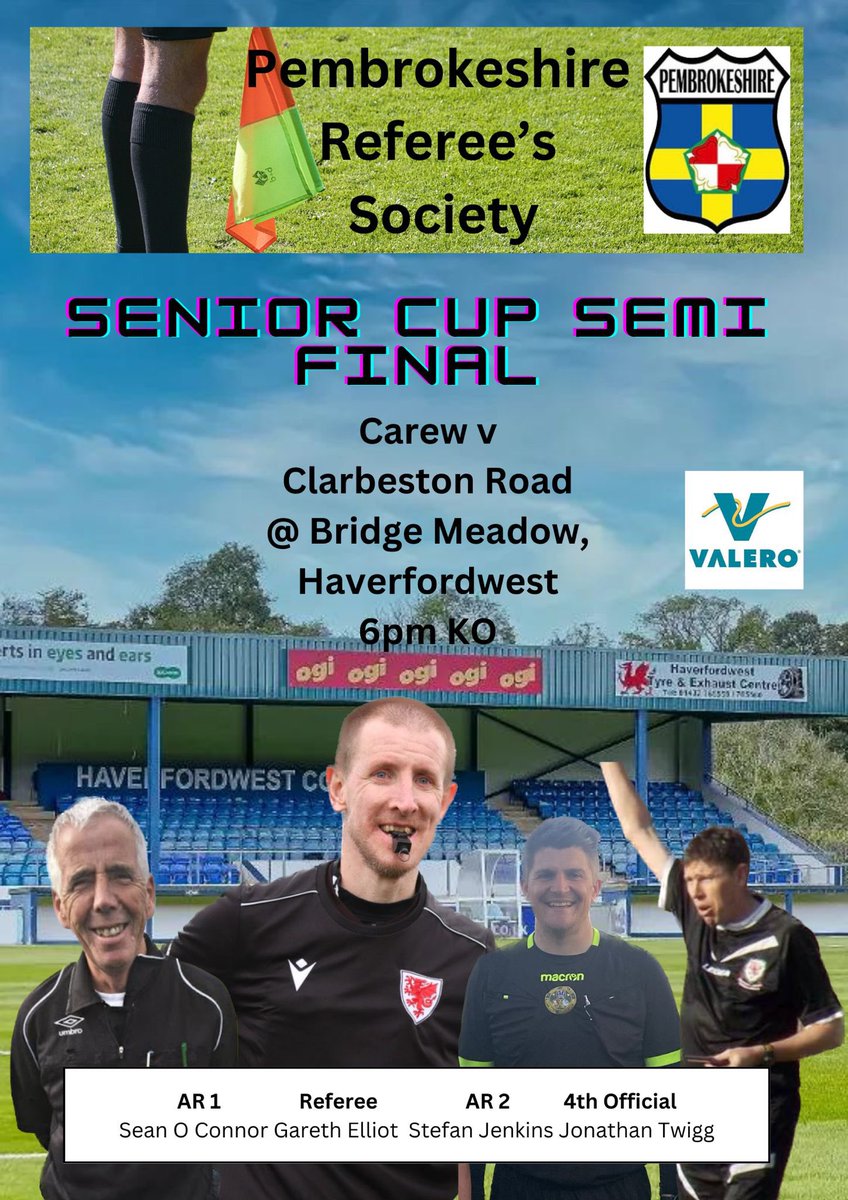Pembrokeshire Referees Society (@pembsrefs) on Twitter photo π Senior Cup π
β’ Semi Final β’
The second semi final takes place this evening at <a href="/HaverfordwestFC/">Haverfordwest County AFC π΄σ §σ ’σ ·σ ¬σ ³σ Ώ</a>.
<a href="/CarewFC/">Carew AFC</a> take on <a href="/ClarbyRoadAFC/">Clarby Road Football</a> for the chance to secure a place in the final against <a href="/GoodwickUtd/">Goodwick United AFC</a> next weekend.
Good luck to Gareth, Sean, Stefan and Jon! π Senior Cup π
β’ Semi Final β’
The second semi final takes place this evening at <a href="/HaverfordwestFC/">Haverfordwest County AFC π΄σ §σ ’σ ·σ ¬σ ³σ Ώ</a>.
<a href="/CarewFC/">Carew AFC</a> take on <a href="/ClarbyRoadAFC/">Clarby Road Football</a> for the chance to secure a place in the final against <a href="/GoodwickUtd/">Goodwick United AFC</a> next weekend.
Good luck to Gareth, Sean, Stefan and Jon!