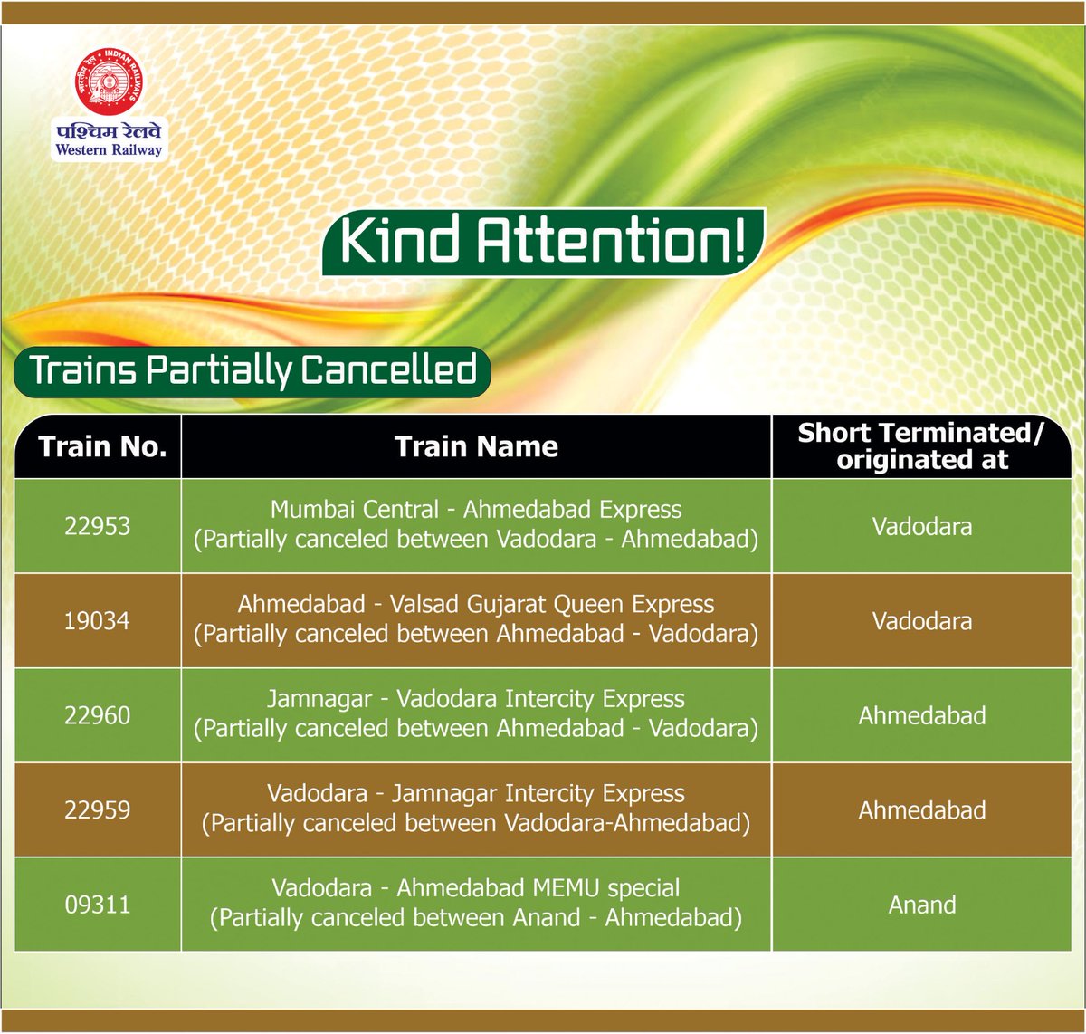 ⚠️Kind attention ⚠️ Due to a block for non-interlocking work on 21.04.2024, tomorrow,at Gothaj Station on Vadodara - Geratpur section of Vadodara Division, some WR trains will cancelled or short terminated/originated on 21st and 22nd April. #WesternRailway