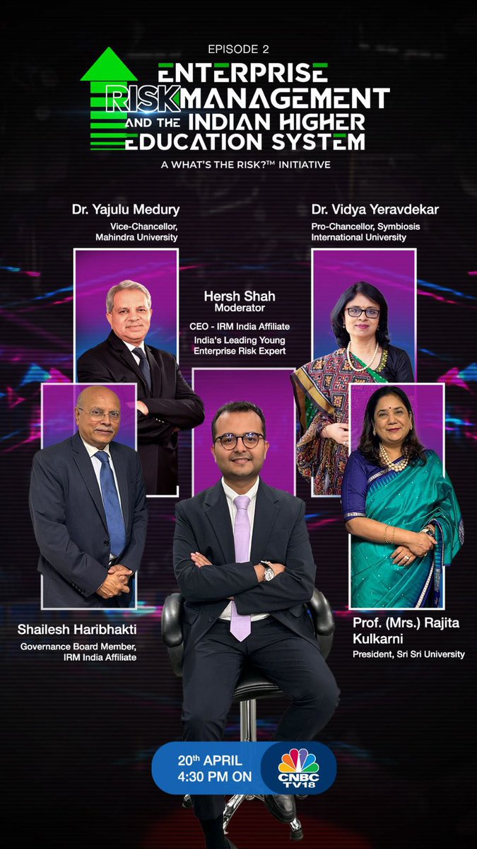 Tune in today, April 20, 2024, at 04:30 PM IST on CNBC-TV18 (@CNBCTV18Live) for an insightful episode! Dive into the world of Enterprise Risk Management in Indian Higher Education. Explore challenges as opportunities and witness dynamic discussions on risk and innovation. Join us