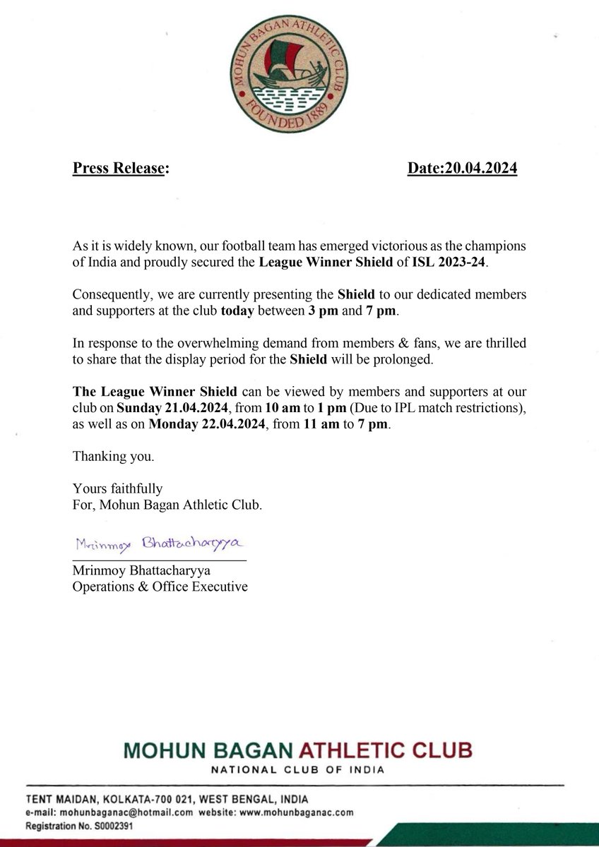 Press Release. #MohunBagan #Mariners #MBAC #MohunBaganAthleticClub #JoyMohunBagan #Press #pressrelease