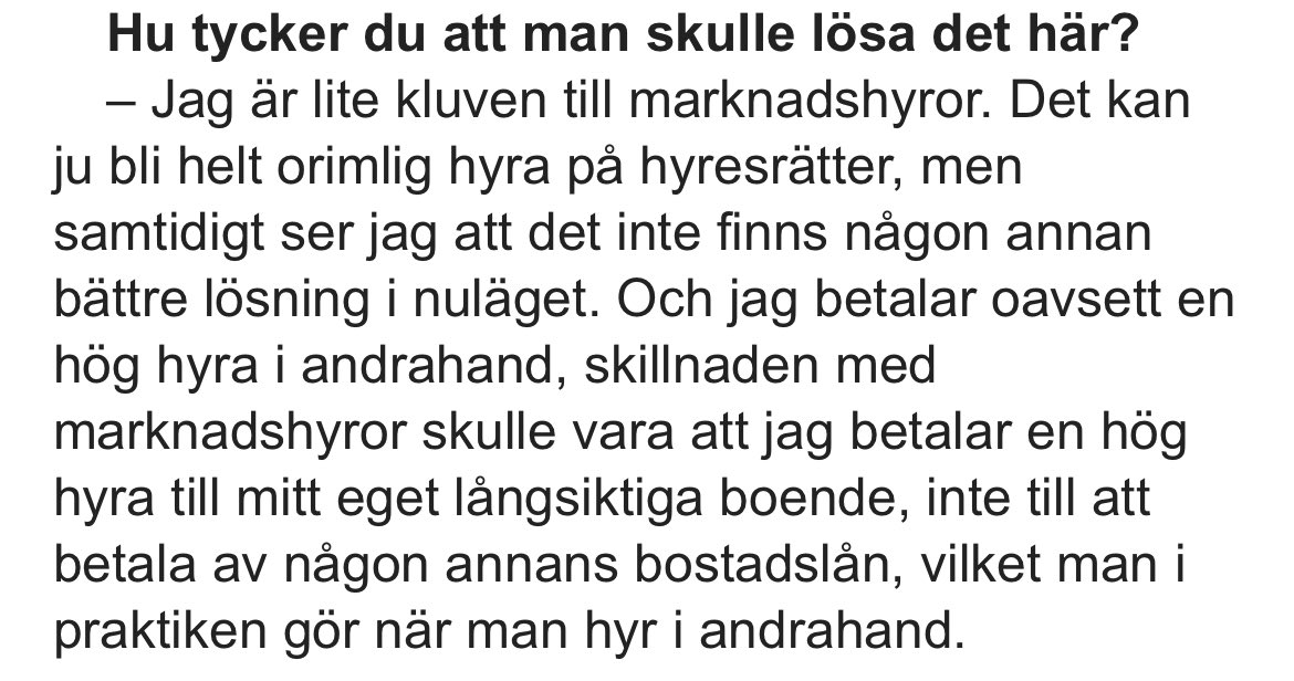 Med marknadshyror hade Amanda betalat mindre än hon idag gör i andrahand, och haft ett betydligt säkrare boende. Hyresregleringen har många förlorare, unga är de värst drabbade. Dags för @andreas_carlson att börja jobba. aftonbladet.se/minekonomi/a/7…