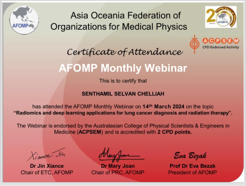 I am happy to share that, I have obtained a #AFOMP e-certificate on the topic of Radiomics and deep learning applications for lung cancer diagnosis and radiation