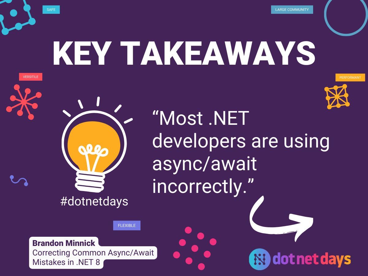 devdaysconf's tweet photo. Key takeaways from @TheCodeTraveler’s talk at #dotnetdays: Correcting Common Async/Await Mistakes in .NET 8 💡 💭
#dotnetdays2024 #brandonminnick #techconference #keyideas #dotnet #dotnet8 #async #csharp https://t.co/XC6VFl3Qly