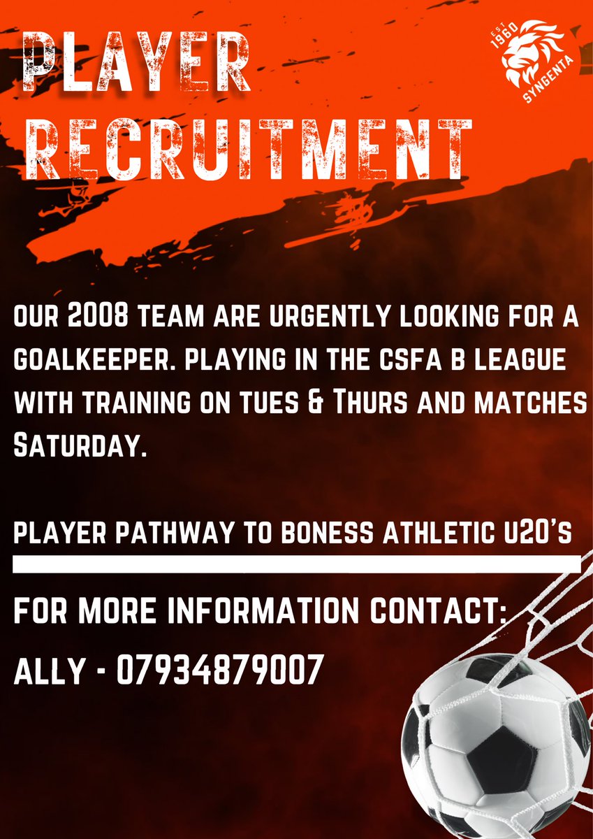 Our 2008 team are urgently looking for a Goalkeeper.

The team play in CSFA B League with training on Tues/Thurs at Grangemouth High School astro.
Matches on a Saturday

Player pathway to Bo'ness Athletic U20s.

Contact Ally on 07934879007

Please share 👍🏻